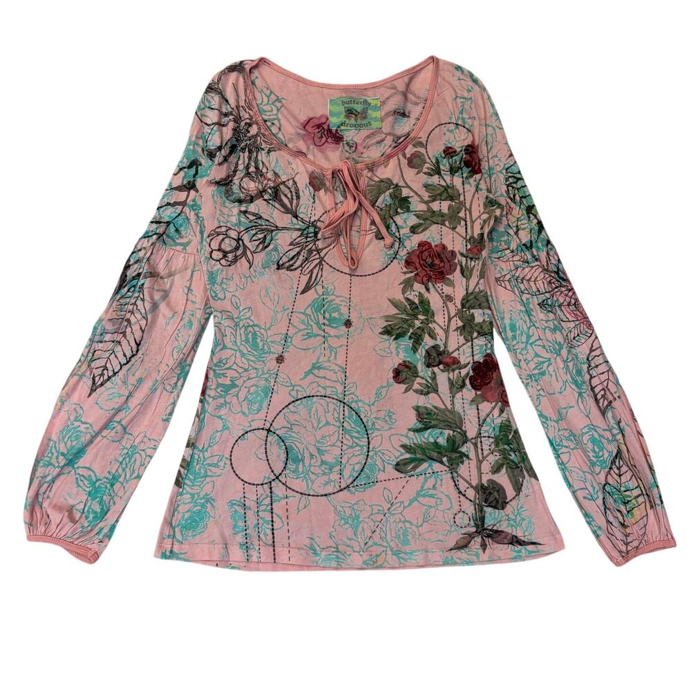 Vintage Y2K Butterfly Dropout Floral Blouse Top Women's Small Fairy Cottage